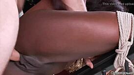 Strapped Ebony Endures Brutal Interracial Deepthroat