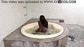 Shiny skinned Brazilian black fitness babe climbs stairs fully nude