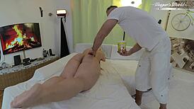 Deborah Luxe spreads wide for oily massage turning into hairy bbw happy ending with big clit reveal and pussy gaping