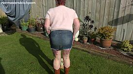 kiwi trashy milf squats her huge slutty body on massive pumpkin toilet seat in backyard garden dirt 😏