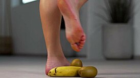 petite girl crushes fruits under high heels foot fetish tease