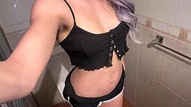 cute college cheerleader with big natural tits small waist gets horny fingering in coachs bathroom for daddy