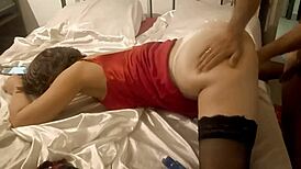 Fucking homemade french girl in red satin dress panties pov blowjob ass licking rimjob doggystyle dirty talk