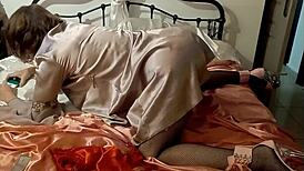 White slut in thong corset heels gives pov blowjob rimjob then bent over doggy