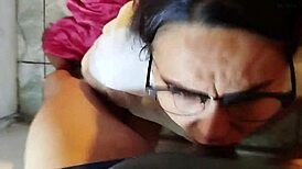 nerd brunette deepthroats huge cock till facial cum