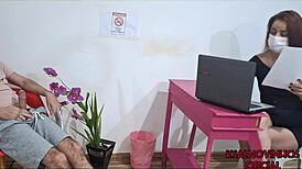 Guy pulls out cock and jerks off in waiting room. Receptionist watches his public masturbation show