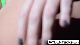 Jayden Jaymes spreads legs wide, fingers tight wet pussy to juicy climax