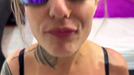 TATTOOED TAN GIRL LICKS BIG NATURAL TITS - CUM IN ONE MINUTE CHALLENGE!