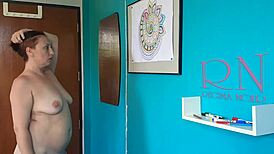 Curvy indian nudist paints mandala patterns naked in relaxing art workshop