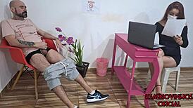 Guy pulls out cock and jerks off in waiting room. Receptionist watches his public masturbation show