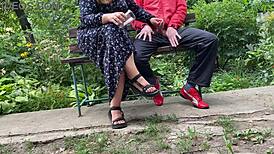 hot milf grabs huge cock on park bench jerking jizz into glass outdoor