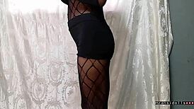 Skinny 18yo ebony slut rides old cock in fishnets tight wet pussy pt1