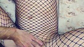 he eases deep into skinny wife's ass slowly through mesh stockings in pov