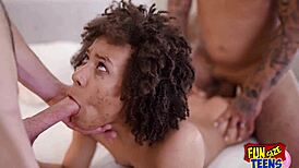 Tiny athletic tattooed teen's tight pussy stretched by black monster cock in rough MMF threesome