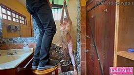 sub slut you tied up in bathroom getting punished hard with foam spray right?