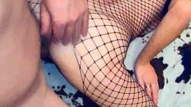 he eases deep into skinny wife's ass slowly through mesh stockings in pov