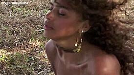 two latina sluts bent over outdoors, taking double anal and cum loads in wild orgy