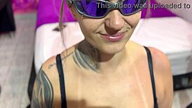 TATTOOED TAN GIRL LICKS BIG NATURAL TITS - CUM IN ONE MINUTE CHALLENGE!