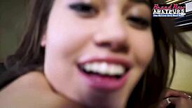 petite brunette rihanna fingers shaved pussy wet. then deepthroats big cock pov style