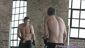 Euro model babe rides hard cock post-gym foreplay in classy cowgirl