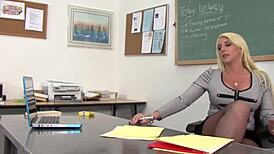 Hot Blond Teacher In Stockings Masturbates Then Rides BBC To Facial Cumshot!
