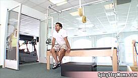 Cute blonde housewife POV blowjob and tit play turns gym fun wild