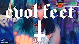 dominant lesbian straps on for foot tickling then toe sucking her bound plaything