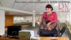 NAKED secretary STRIPS heels stockings SHOWS PUSSY TITS then MASTURBATES CUNT for boss
