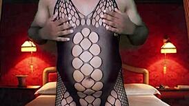 Sexy masked model in full body stockings bound for erotic try-on domination haul