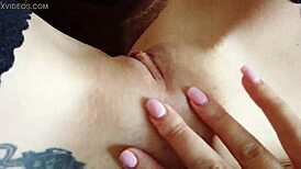 sexy russian milf in green shirt and stockings masturbates to orgasm close-up