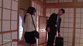 Seductive Japanese milf teases with hairy beaver then blows and fucks hard