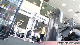 Cute blonde housewife POV blowjob and tit play turns gym fun wild