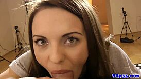 shaved teen sucks old mans cock then rides cowgirl pov closeup at home