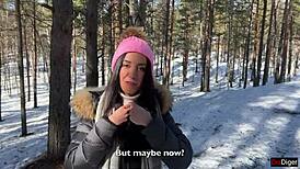 Real Creampie Drip from Wet Pussy After Snowy Forest Fuck with Ripped Clothes