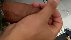 Desperate cuckold husband strokes furiously in bathroom close-up