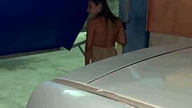 naughty brunette wife flashes panties at strangers then takes two mouth cumshots beach car dogging with hubby watching