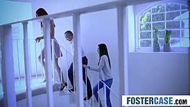 naughty teen newbie pussy fucked hard by busty redhead milf and stepdad in bedroom threesome