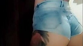 showin off my big clit n hairy pussy thru tight jeans no panties