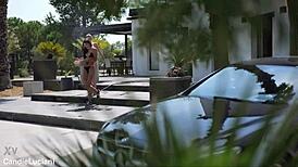 blonde teen licks wet pussy sensually outdoors in car passion