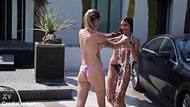 blonde teen licks wet pussy sensually outdoors in car passion