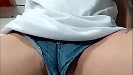 showin off my big clit n hairy pussy thru tight jeans no panties