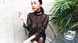 Young Leather Skirt Goddess Smokes Topless Outdoor