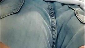 showin off my big clit n hairy pussy thru tight jeans no panties