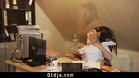 Too Horny Secretary Sucks Old Boss Cock at Work Desk!