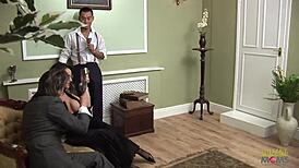 hot brunette milf and kinky maid share two fat cocks riding doggystyle