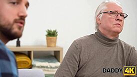 old man watches young blonde's shaved pussy vices