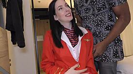 skinny air hostess jasmine jayne interviews then takes bbc creampie closeup