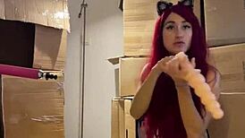 that red fetish girl got so horny she sucked off the sex machine naughtily