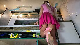 sexy blonde babe flashes naked ass and big natural tits at work