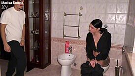she sneaks to friend's bathroom for young italian's pierced nipple fuck